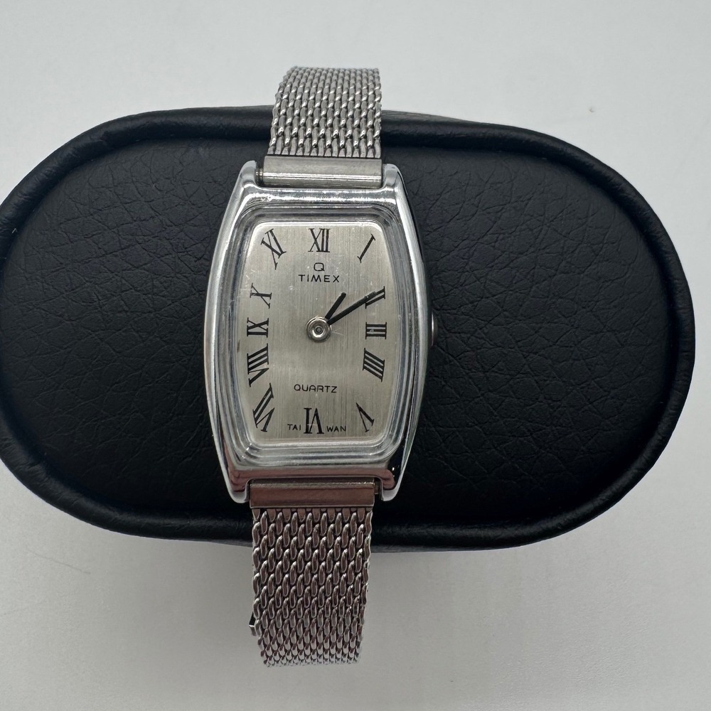 Vintage Q Timex Women Silver Tone Tonneau Roman Numeral Mesh Band Watch need bat